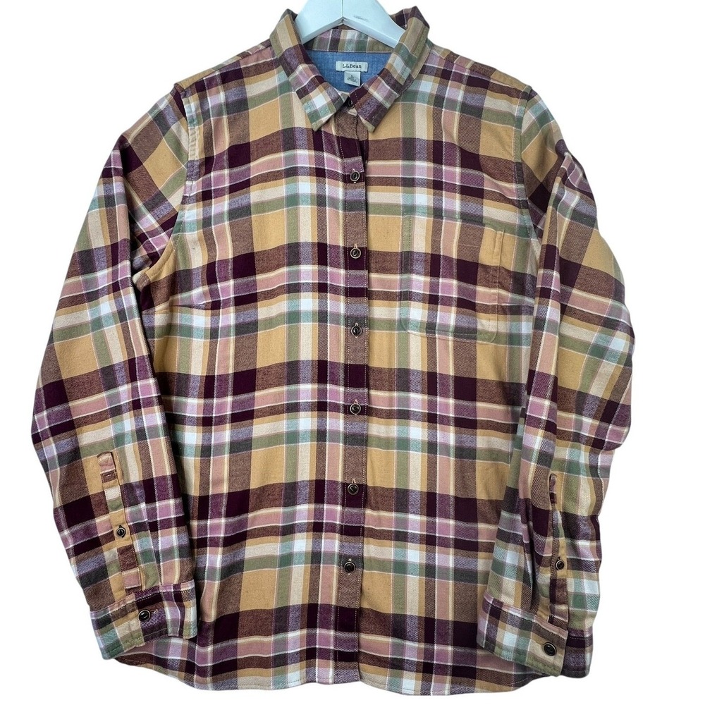 LL Bean Flannel Plaid Shirt Mens L Tan Burgundy Button Front Long Sleeve Casual
